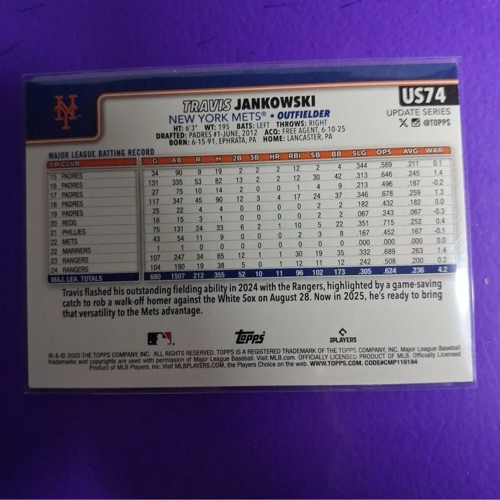2025 Topps Update Series - Travis Jankowski #US74 Rainbow Foil